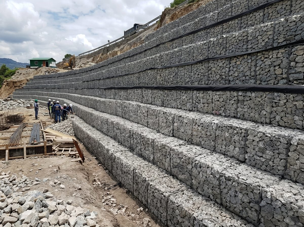Muro de contención de gaviones en carretera de la Costa Caribe colombiana